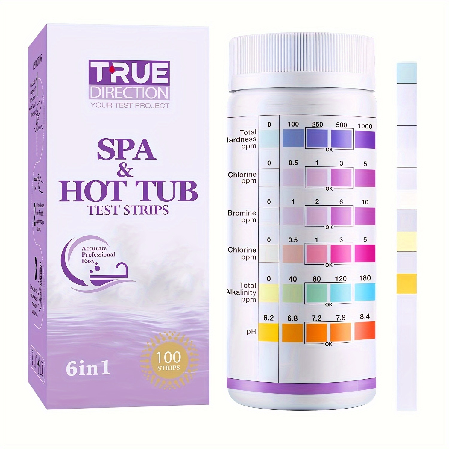 

6 In 1 Hot Tub Test Strips, , Test Kit, For Bromine, Ph, Total Hardness, Free & Total Chlorine, Pool Maintenance Supplies