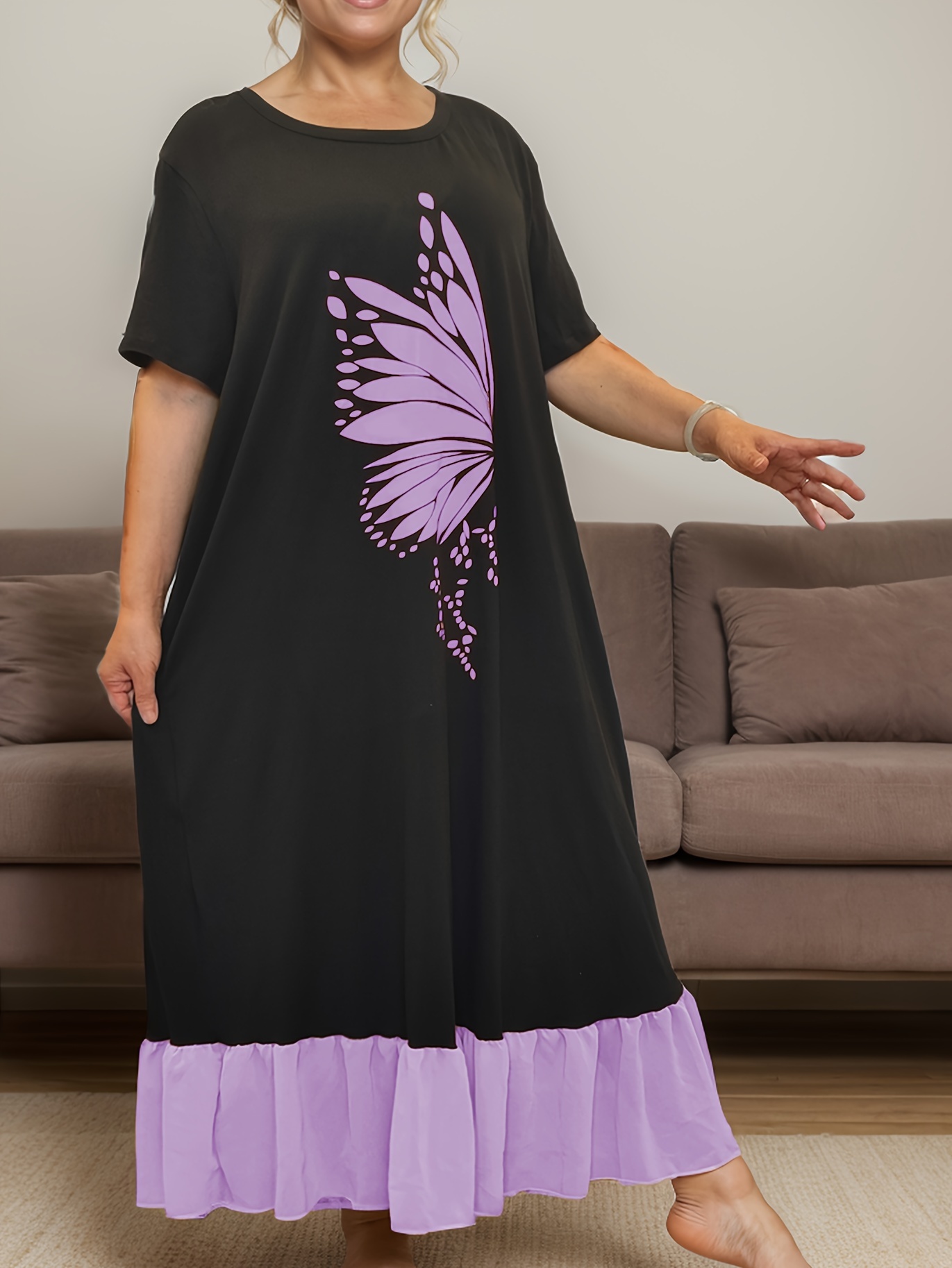 Cozy Plus Size Women's Sleep Dress - Vintage Butterfly Print, Short Sleeve & Long Skirt Lounge Robe, Machine Washable, Autumn Winter, Home Wear
