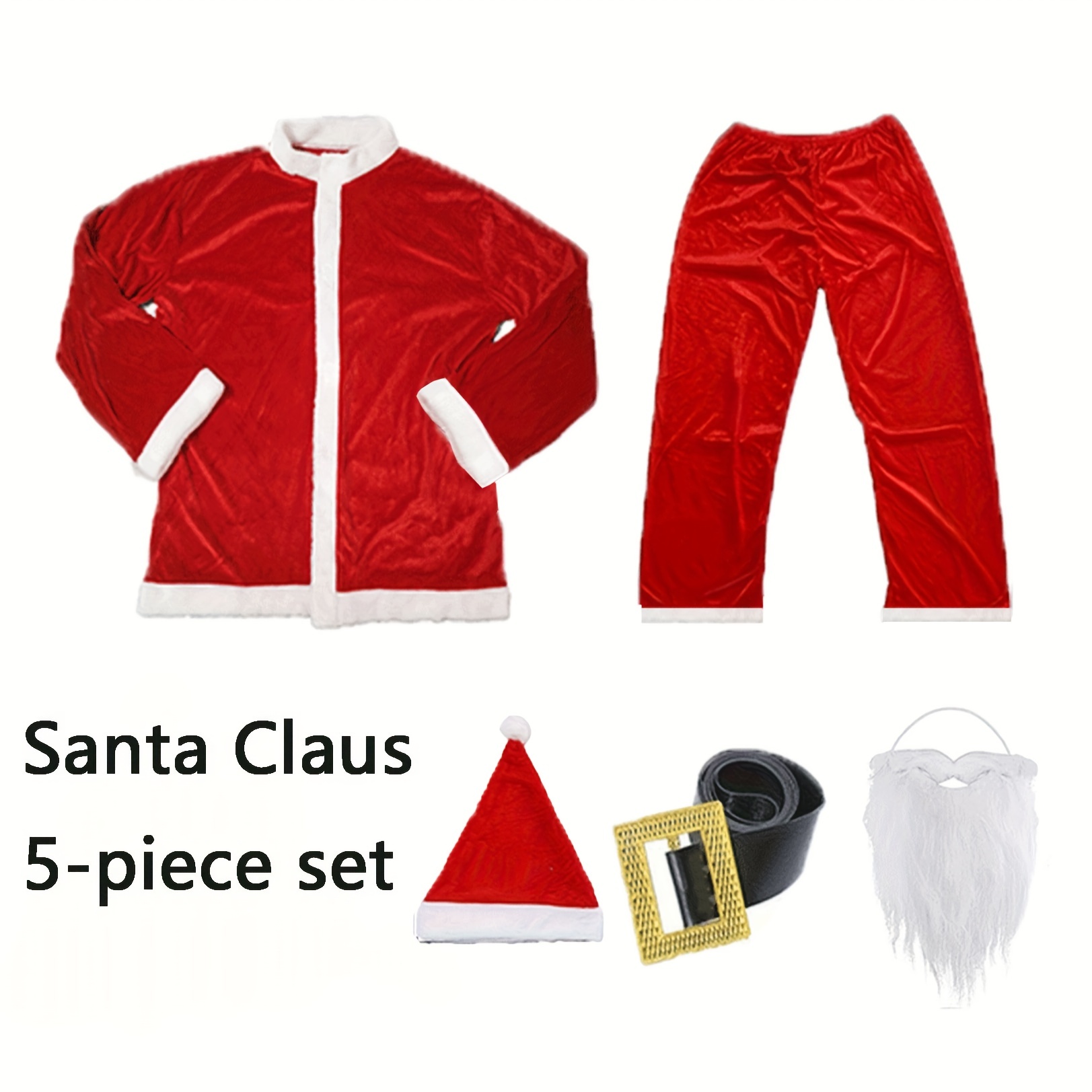 TEMU Complete Santa Claus Costume Set For Adults - 5pcs Polyester Outfit With Jacket, Pants, Hat, Beard & Belt - Christmas, Halloween & New Year