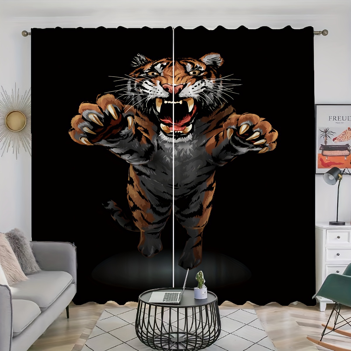

2pcs Angry Tiger Curtains, Rod Pocket Curtain, Suitable For Restaurant Public Place Living Room Bedroom Office Study, Home Decor