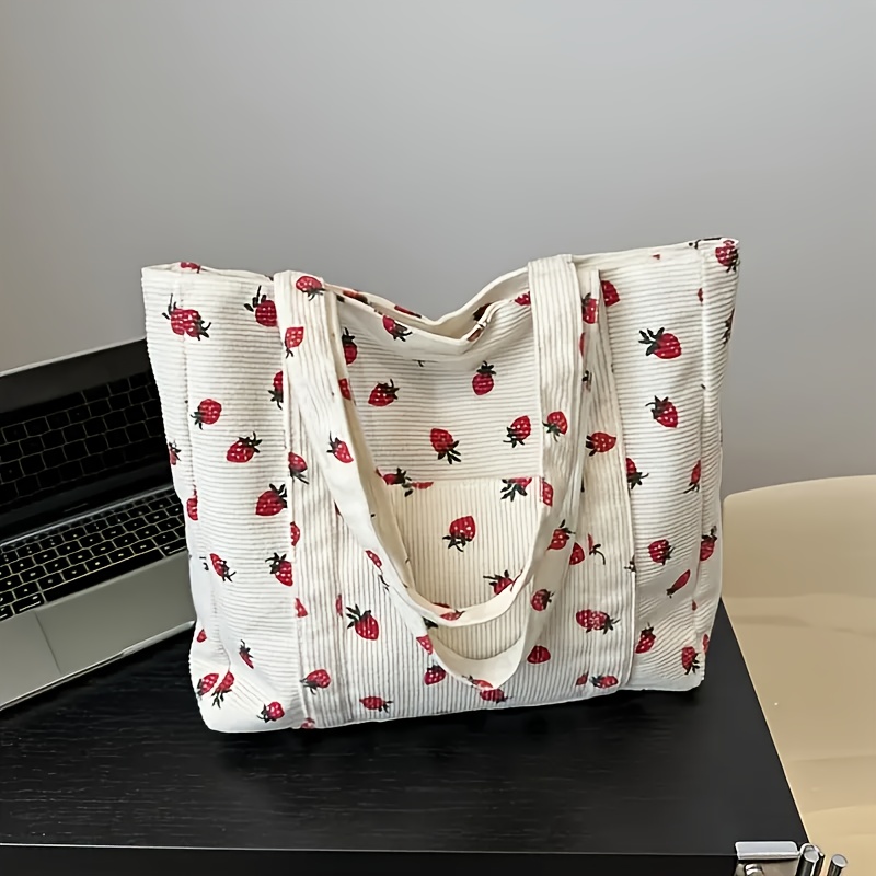 

1pc Fashionable Strawberry Print Corduroy Tote Bag For Women - Large Capacity, Lightweight Polyester Sling Bag With Adjustable Shoulder Straps, Machine Washable, No Paint,