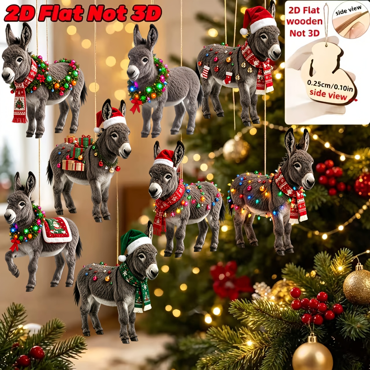 TEMU 2d Flat, 8pcs Set Of Christmas Donkey Wooden Ornaments, Featuring Dressed In Different Christmas Outfits. Christmas Tree Hangings, Thanksgiving
