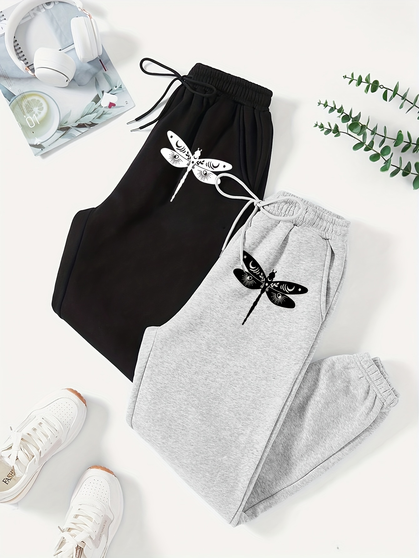 womens casual elastic waist joggers with dragonfly print comfy polyester sweatpants machine washable   wear   in black and   gray