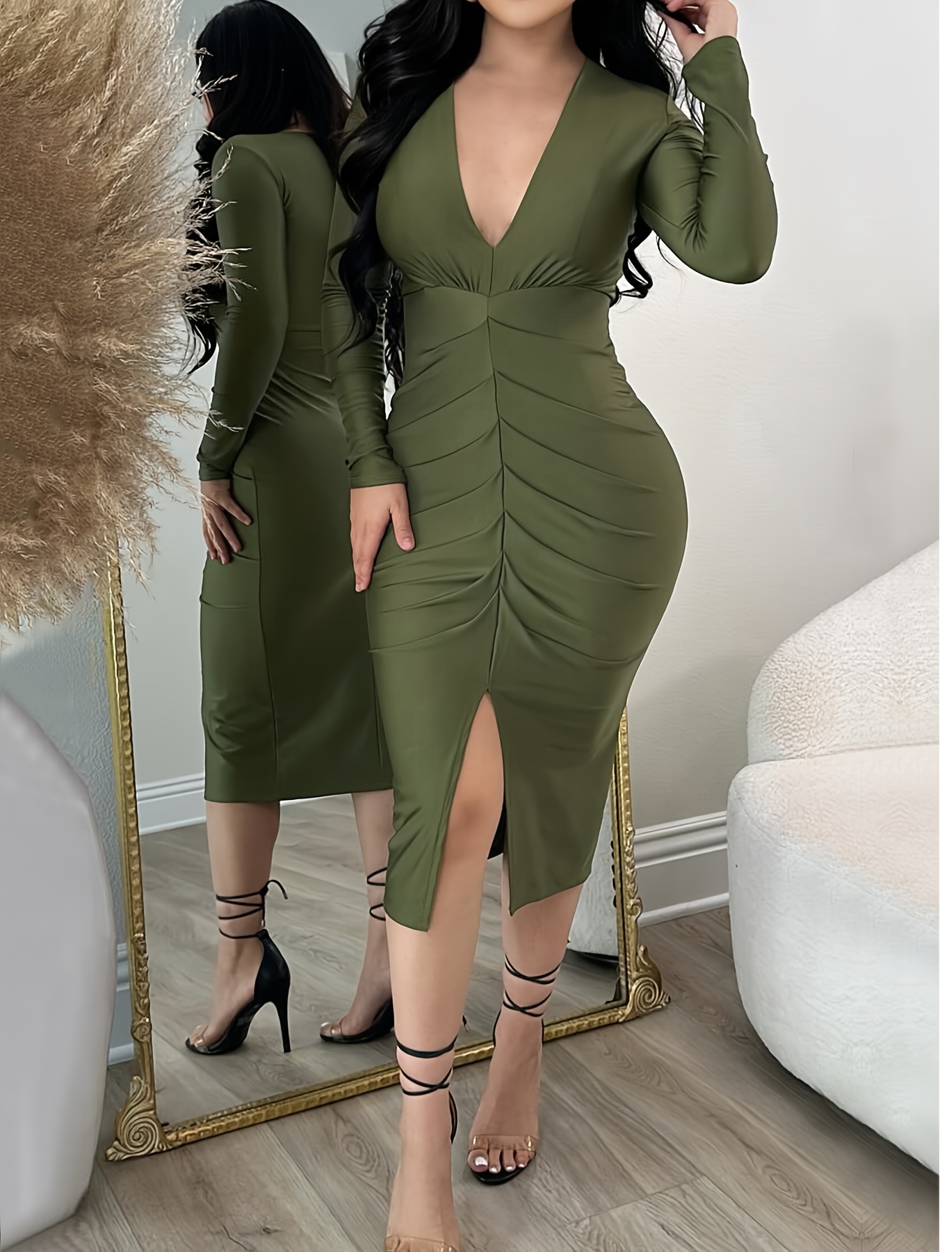 elegant high neck long sleeve bodycon velvet dress for women, polyester  knit fabric, solid color, with cut-out detail, for | Shop On Temu And Start  Saving | Temu