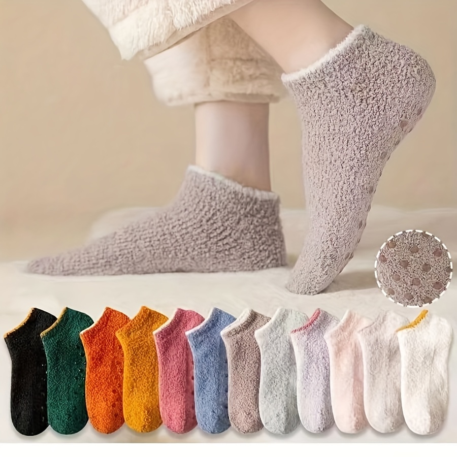 Random 5-pair Dot-glue Coral Thick Socks For Women, Cute And Sweet Ankle Socks, Autumn/winter Plush Lined House Socks For , Soft And Comfortable Floor Socks
