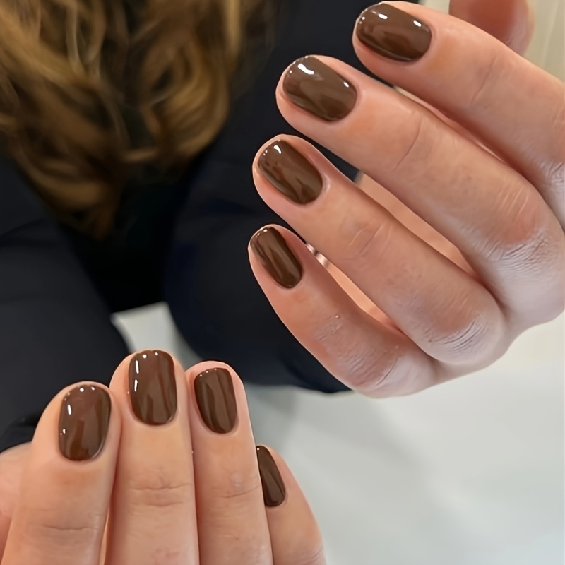 TEMU 48pcs Short Square Brown -on Nails - Glossy Solid Color, Removable Fake Nail Stickers, Suitable For Holidays, Parties, Gatherings, Daily Wear