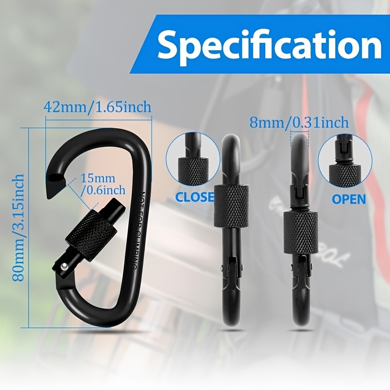 TEMU Set Of 4 Black Aluminum D-shaped Keychains Featuring A Screw Gate, Outdoor Activities Like Camping, Hiking, And Fishing, Measuring 42x80mm.