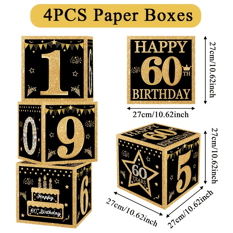 Gift For Her/him 4pcs, Happy Birthday 60th Paper Boxes Party Packs Set, Black Golden Birthday Paper Boxes, Ideal For 60th Birthday Decoration Supplies
