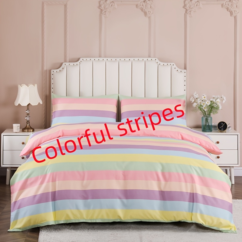 Image of Colorful Striped Bedding, -like Brilliance. The 3pcs Set Includes 1 Duvet Cover And 2 Pillowcases. No Pillow Inserts Or Duvet Insert Included