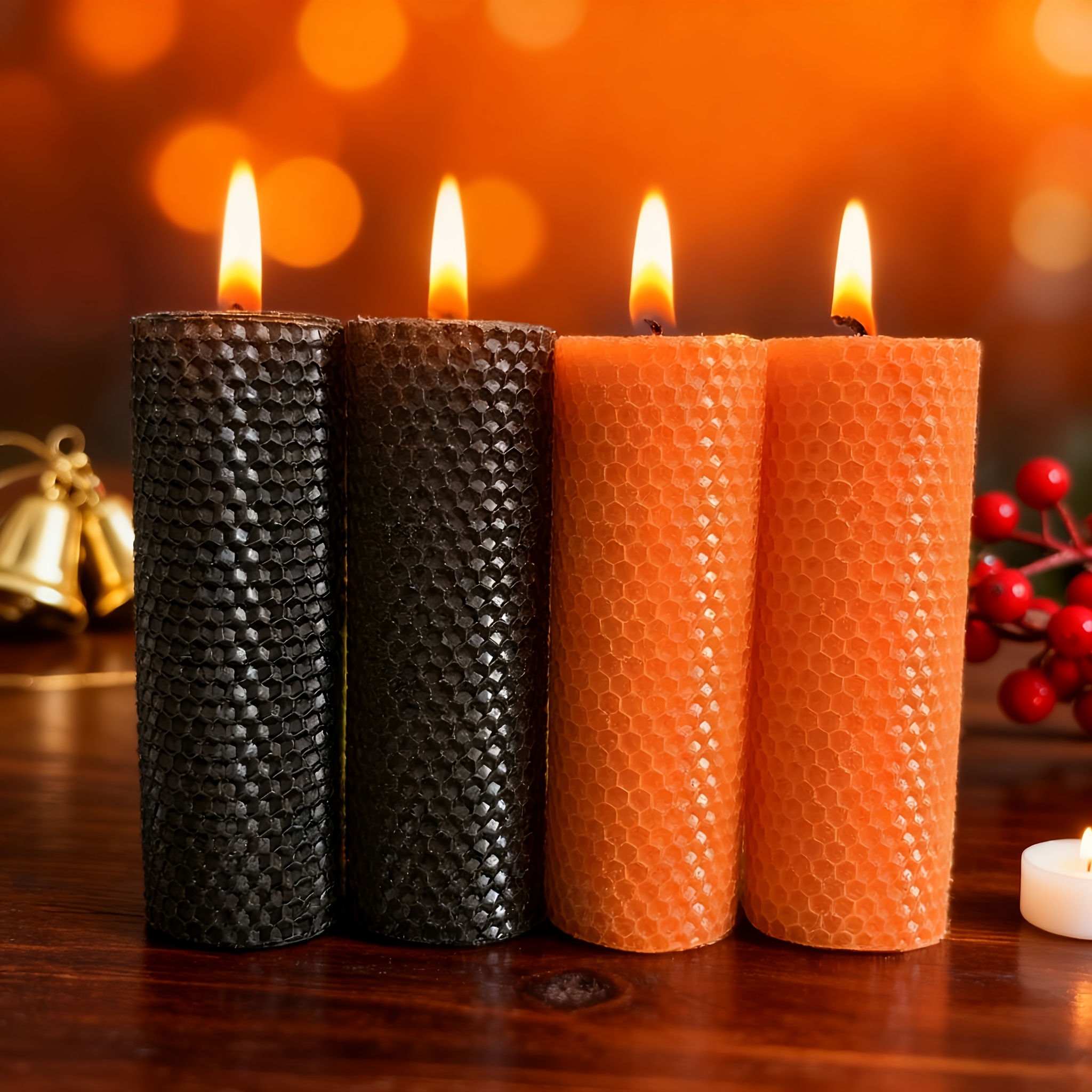 Un juego de 2 velas de cera de abeja, velas festivas, cera de abeja enrollada, velas de cera de abeja naranja hechas a mano, negras, tamaño 5X15Cm, tiempo de combustión prolongado, adecuadas para Navidad, Halloween, fiestas, decoración del hogar, velas de invierno, Día de San Valentín, Hanukkah