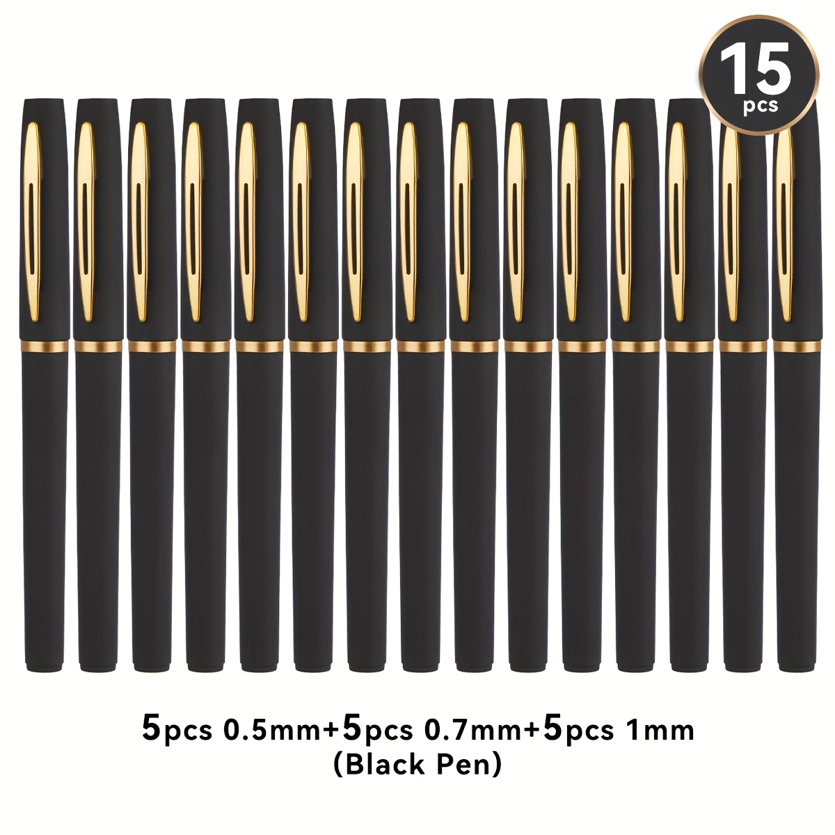 TEMU 15pcs Large Capacity Black Golden Simple Metal Gel Pen, Black Pen Holder, Comfortable, Smooth Writing, No Smudge, No Ink Penetration, Large