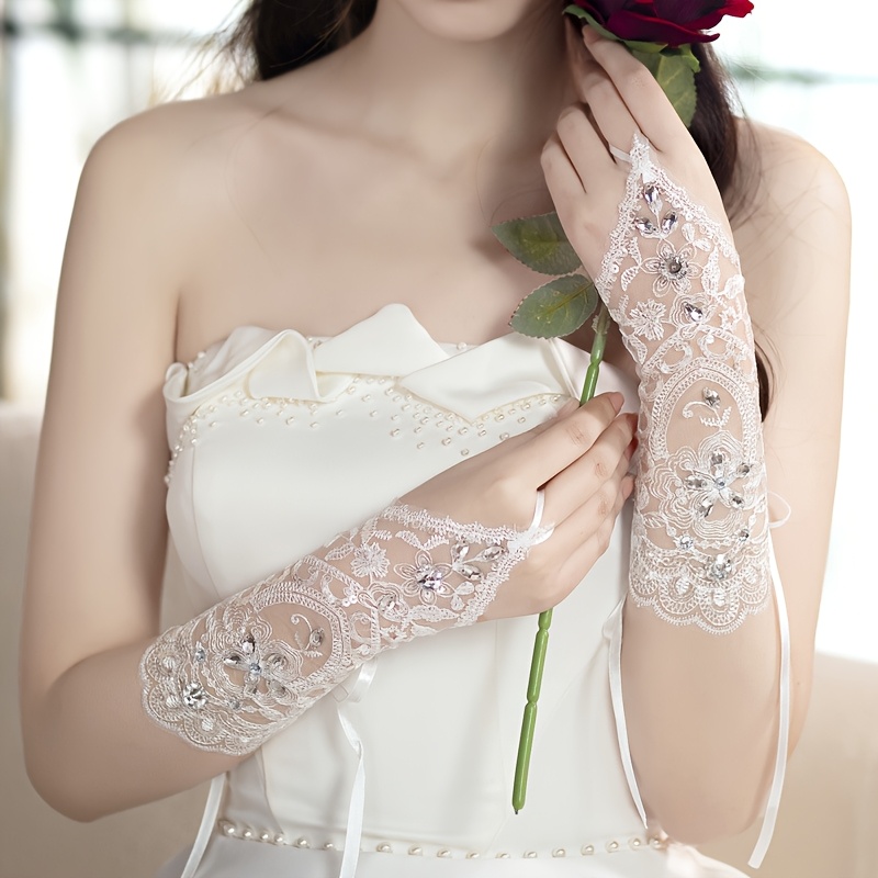 TEMU Gants de Mariée pour Robe de Mariage en Dentelle Haut de Gamme, Faits Main, Couture, Strass, Gants de Mariage Doigts à Bretelles