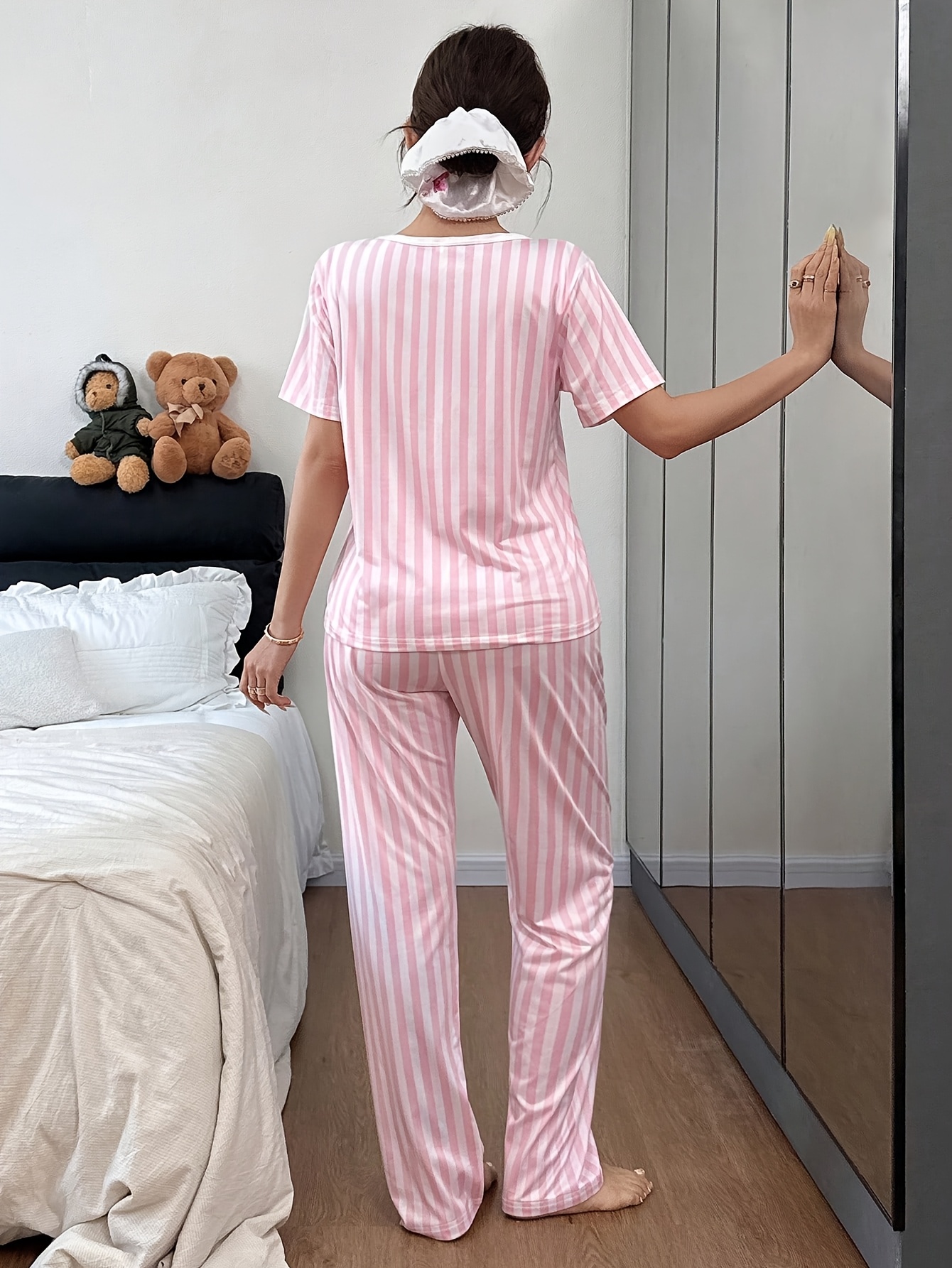 Women's Casual Pinstripe Bow-tie Short Sleeve Long Pants Pajama Set