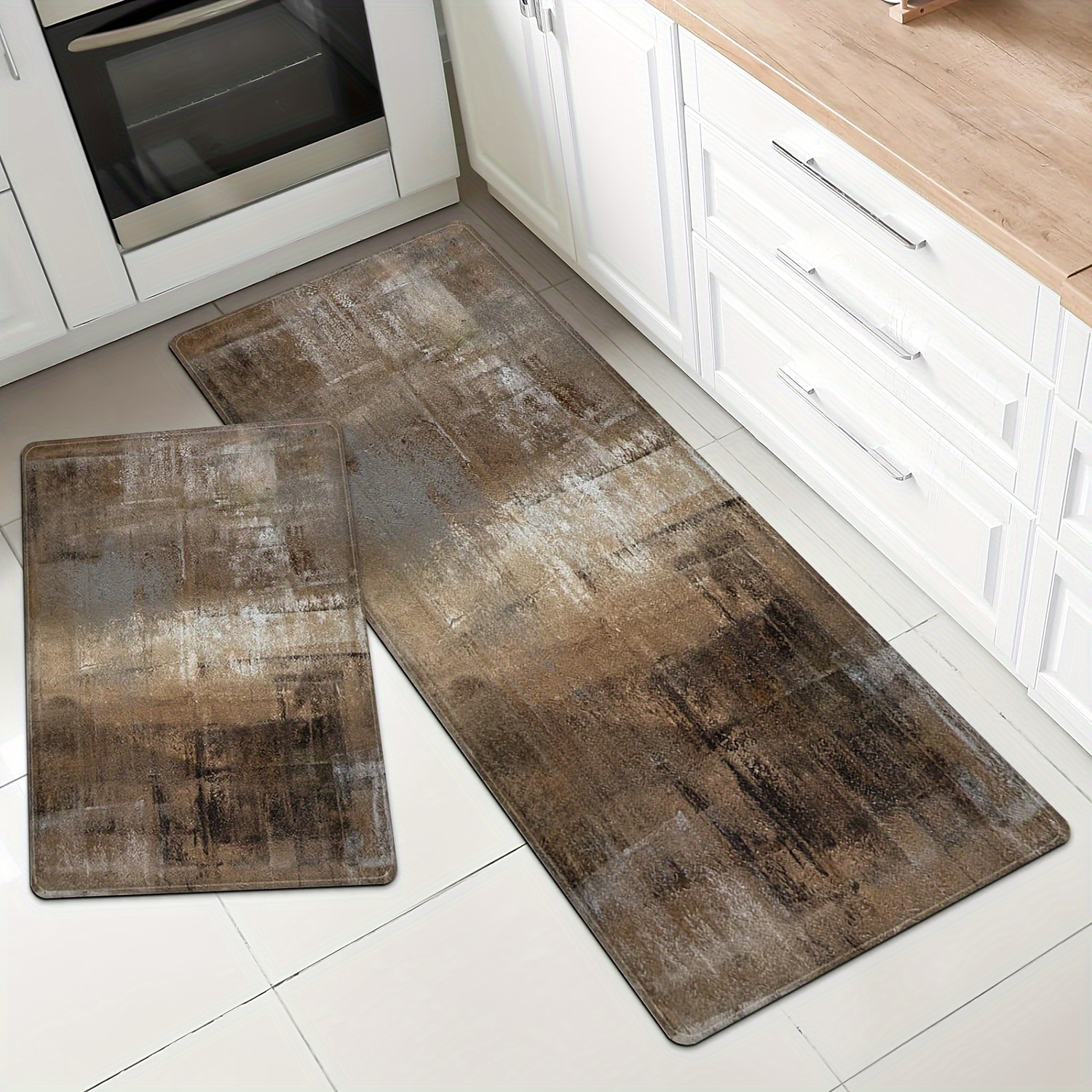 

Brown Grey Kitchen Rugs Navy Brown Abstract Art Kitchen Mats And Rugs Non Skid Washable 17"x48"+17"x24" Set Of 2 Kitchen Floor Rugs Mats For Kitchen Dining Room Floor Home Office Sink Laundry