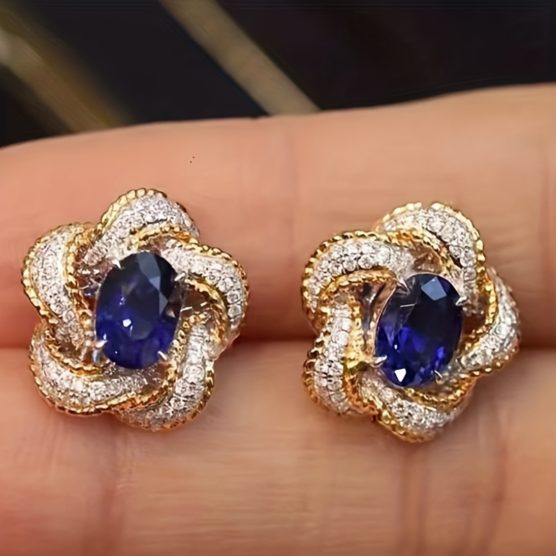 TEMU Elegant Exquisite Flower Stud Earrings, Inlay Blue Synthetic Zirconia Wedding Jewelry, For Women Banquet Luxury Earrings Jewelry Valentine's Day