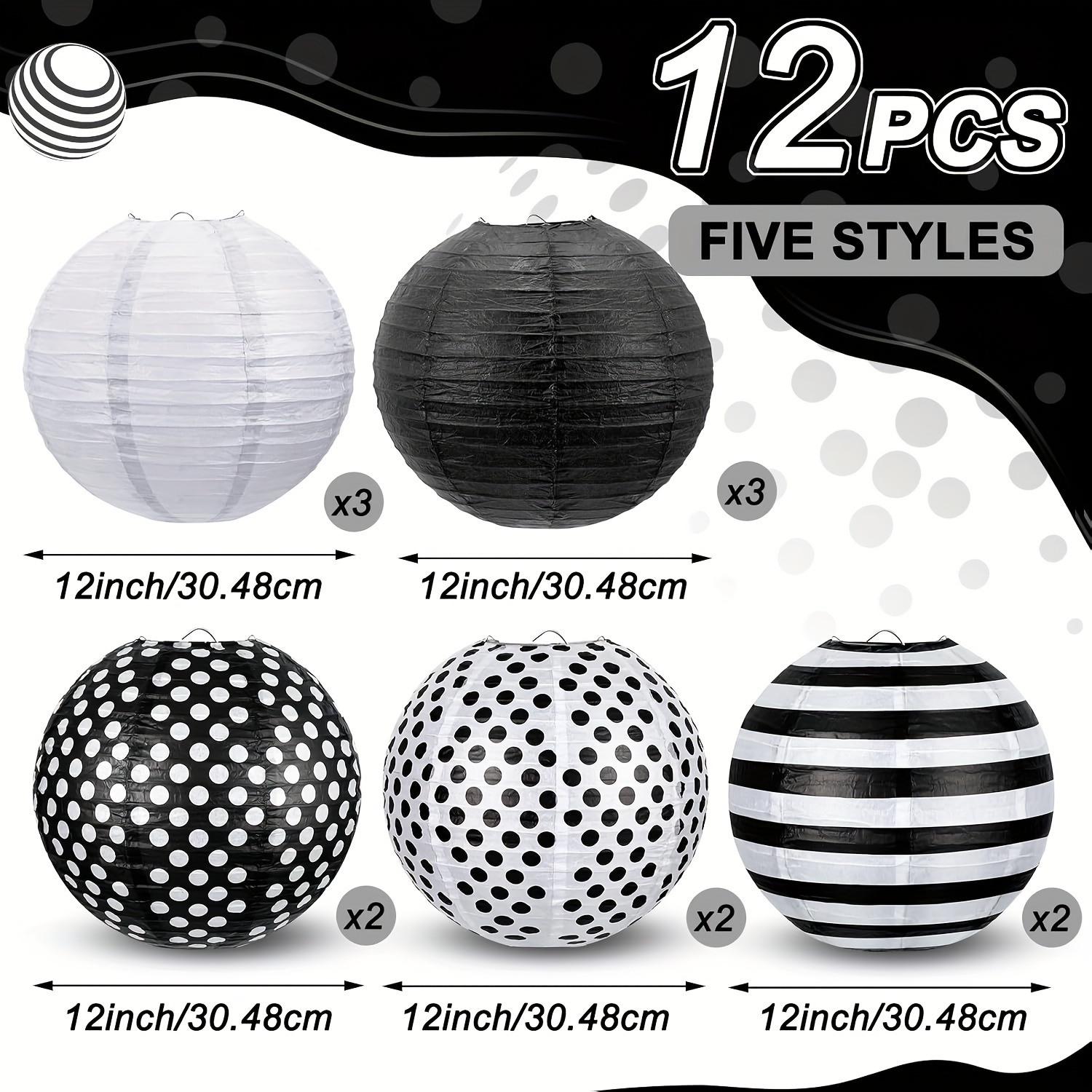 12pcs Of Black And White Striped Polka Dot Paper Lanterns For Office Party Hanging Decoration