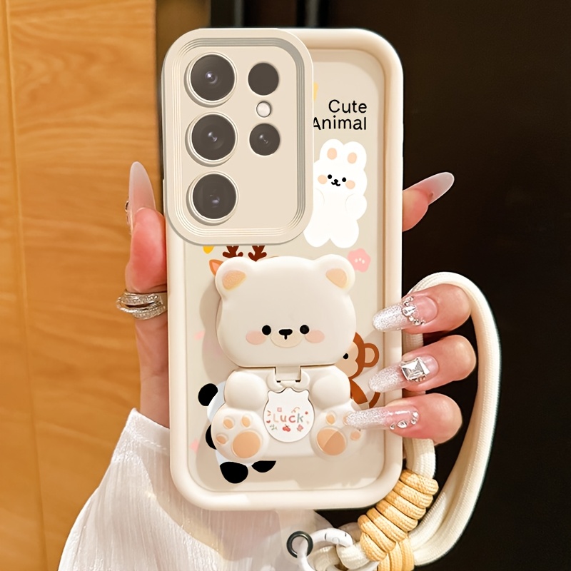 TEMU Phone Case - For Galaxy S26/s24 Fe/s24/s25 Ultra/s25 Plus/s25/s25 Fe/s26 Plus/s26 Ultra Cover Cute Bear With Stand And Lanyard Comfortable Feel