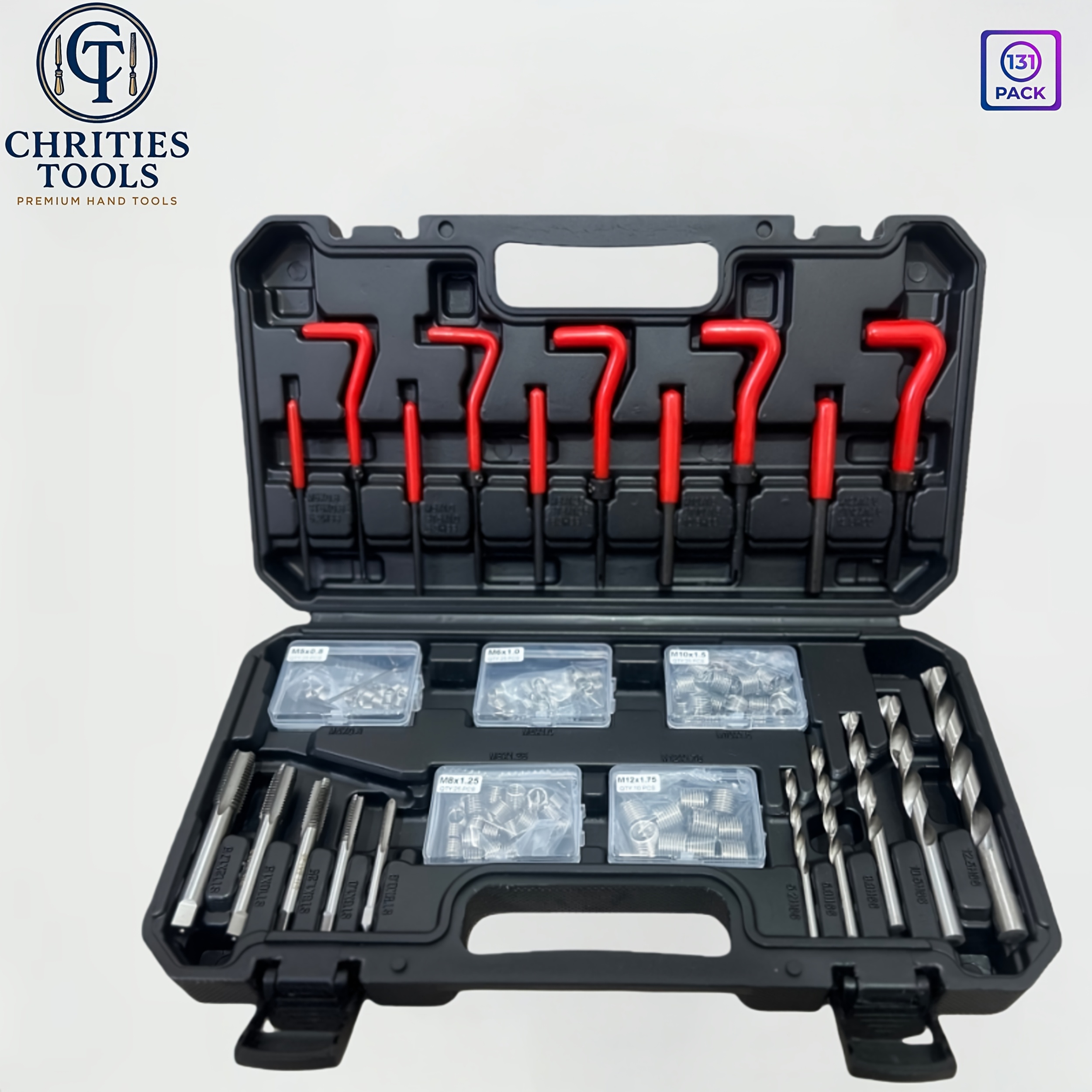 E-shop Chrities Tools 131-teiliges professionelles Gewinde-Reparaturset, Bohrer-Werkzeugset mit Gewindeeinsätzen, Bohrern und Installationswerkzeugen,