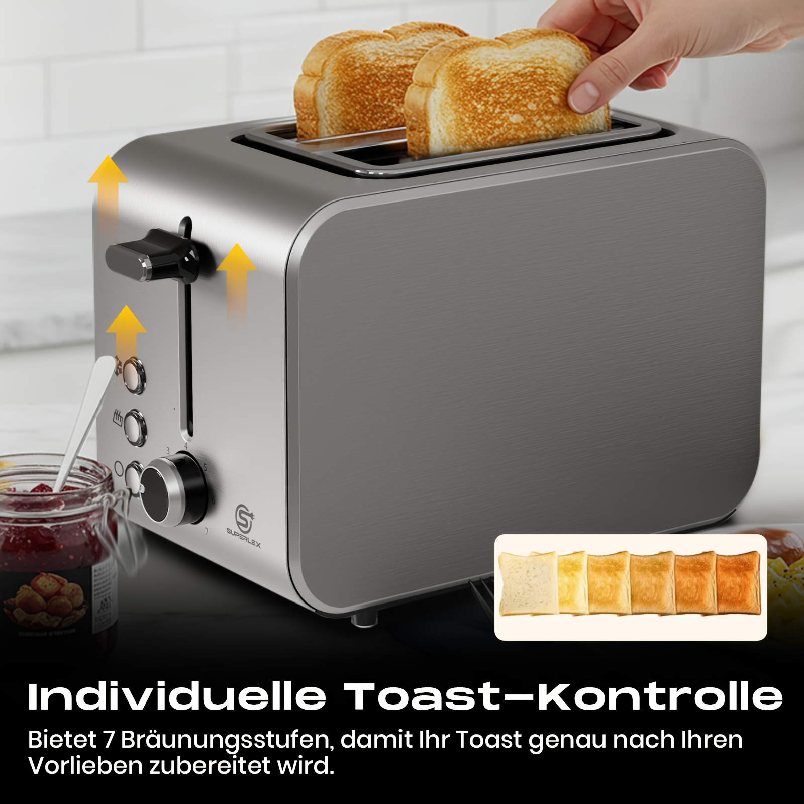 E-shop SUPERLEX 2-Schichten Edelstahl Toaster, Digitalanzeige, Tiefkälte-/Aufwärmen-/Abbrechen-Funktionen, automatisches Pop-Up und Krümelbehälter,