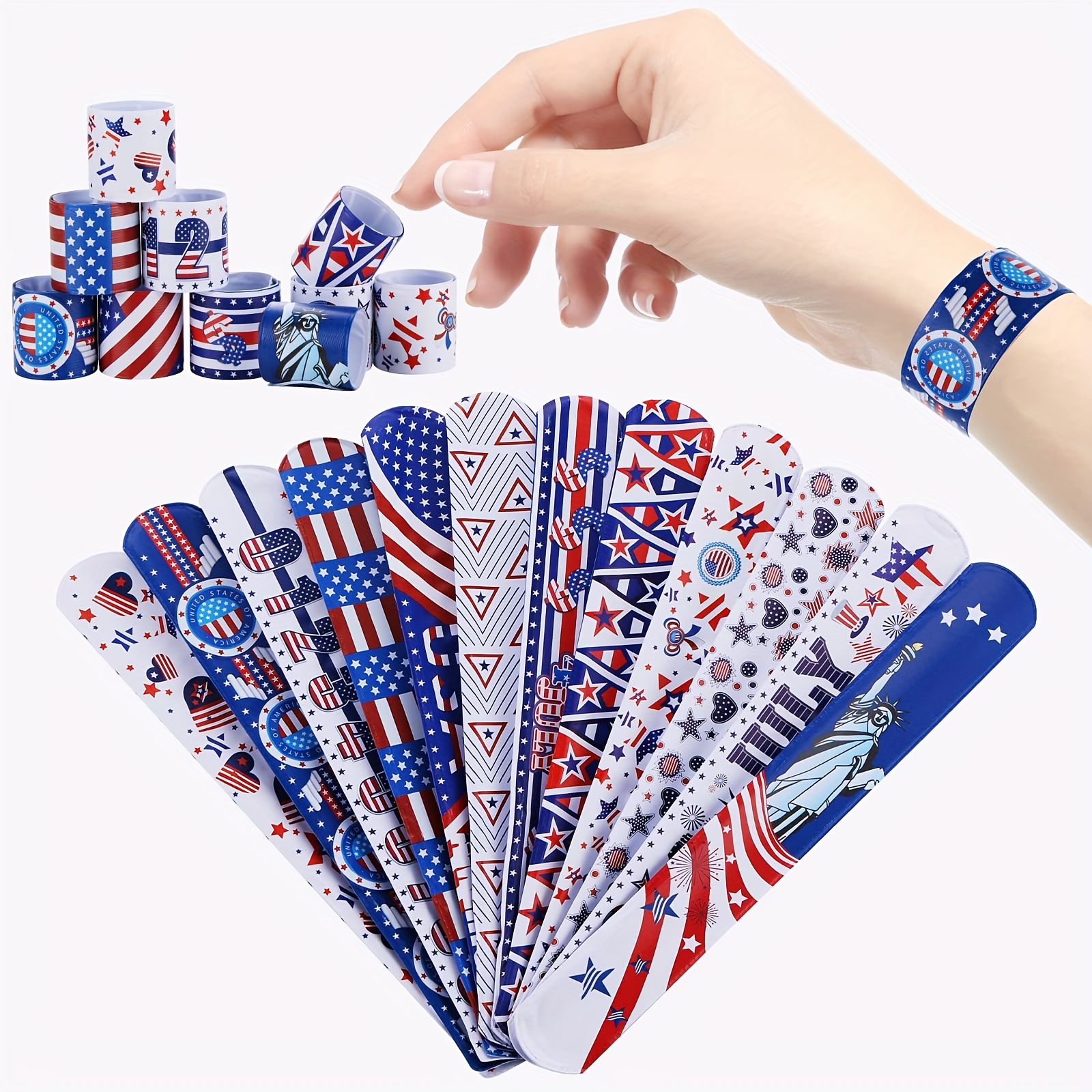 

12pcs, 4th Of July Party Favors Patriotic Decorations American Flag Slap Bracelets Wristbands Red White And Blue Accessories For Independence Day