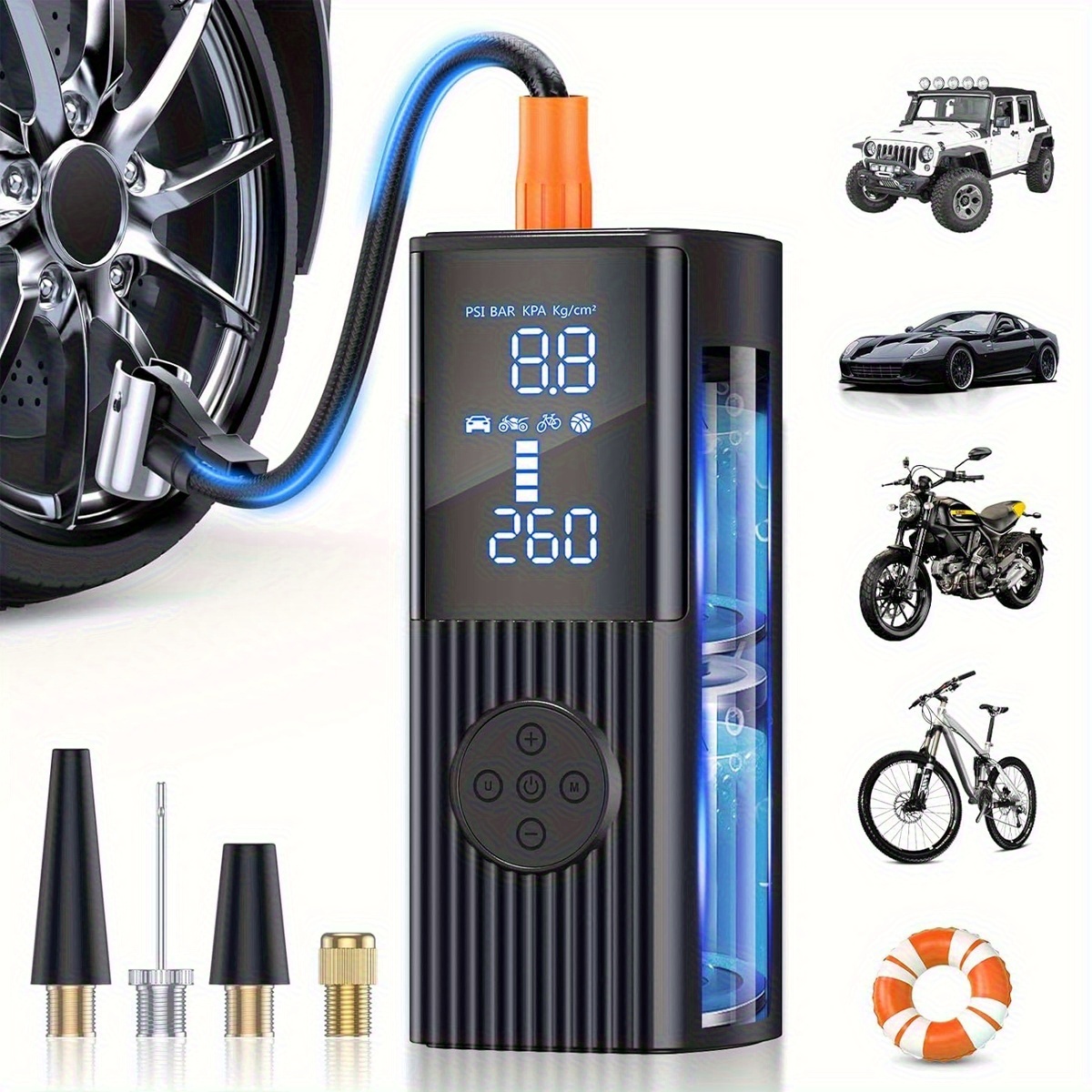 Portable Tire Inflator with Digital Pressure Gauge | 180 PSI, Rechargeable Battery, LED Light, Cordless, Suitable for Cars, Motorcycles, Bicycles, and Balls