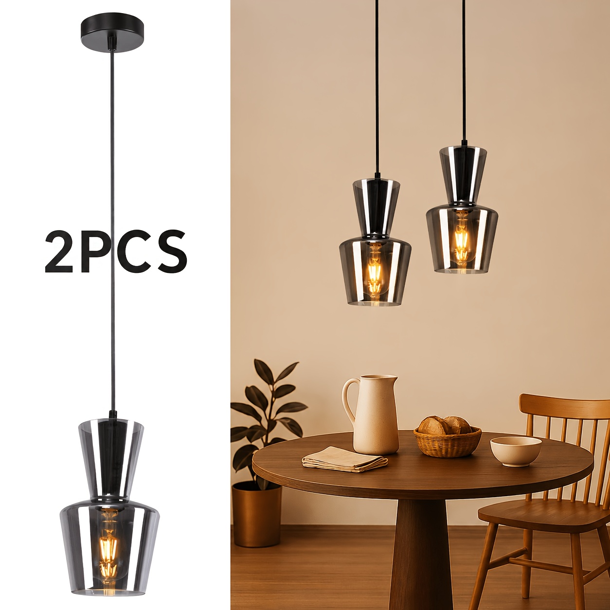 Image of 2pcs Table Pendant Light, Hanging Living Room Light, 1 Bulb | Smoke Gray, E27, Room Light, Adjustable Dining Table Light, Kitchen, Dining Room, Living Room (bulb Not Included)