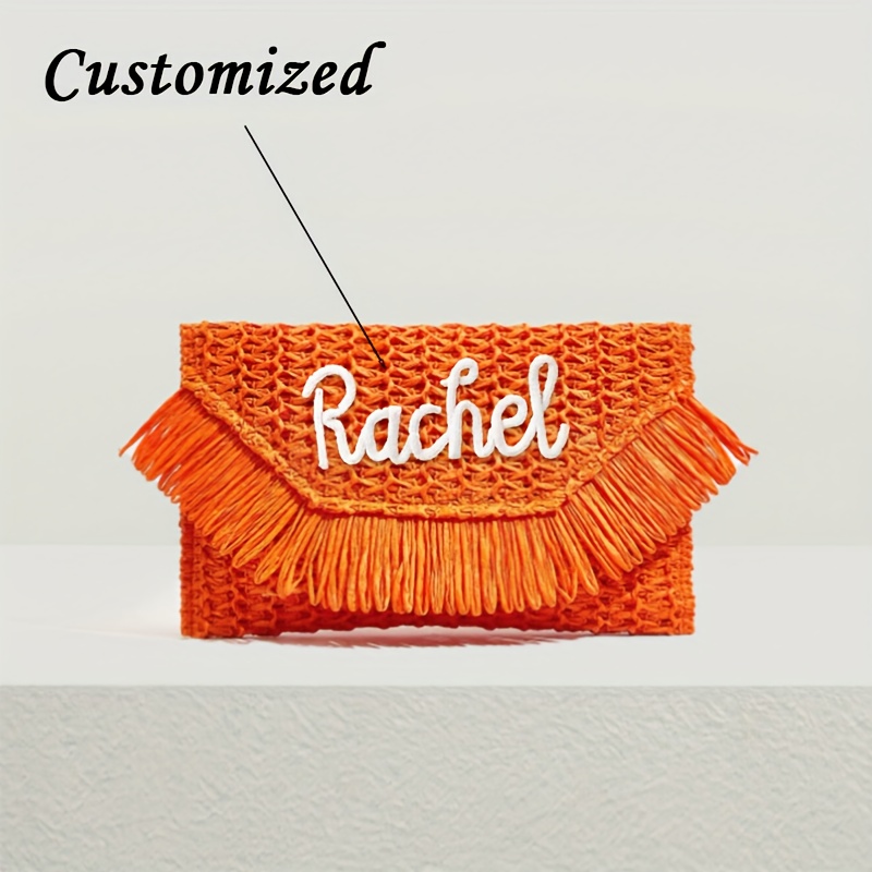 TEMU 1 pièce Sac avec nom personnalisé, Sac personnalisé, Pochette de soirée tressée en paille avec pompons pour femme, Sac de plage d'été tissé