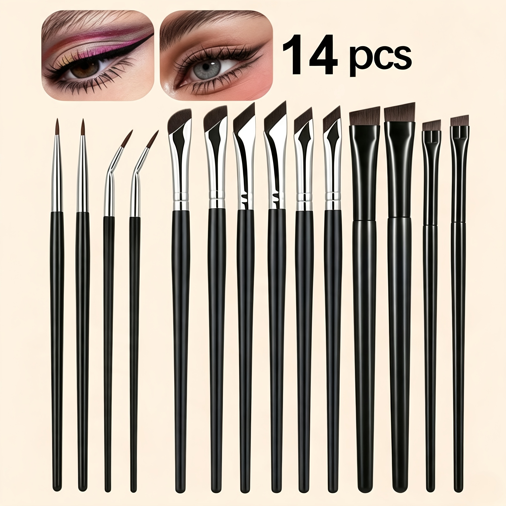 TEMU Ensemble de 14 pinceaux de Cosmétique pour professionnels, comprenant un crayon à sourcils fin, un pinceau pour ombre à sourcils, un correcteur,