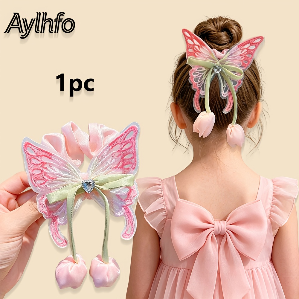 TEMU Aylhfo 1pc And Tulip Big Bow Hair Tie, Elastic Satin Ponytail Holder With 3d Embroidered And Tulip Pendant, Cute Sweet Hairband For, Daily/party