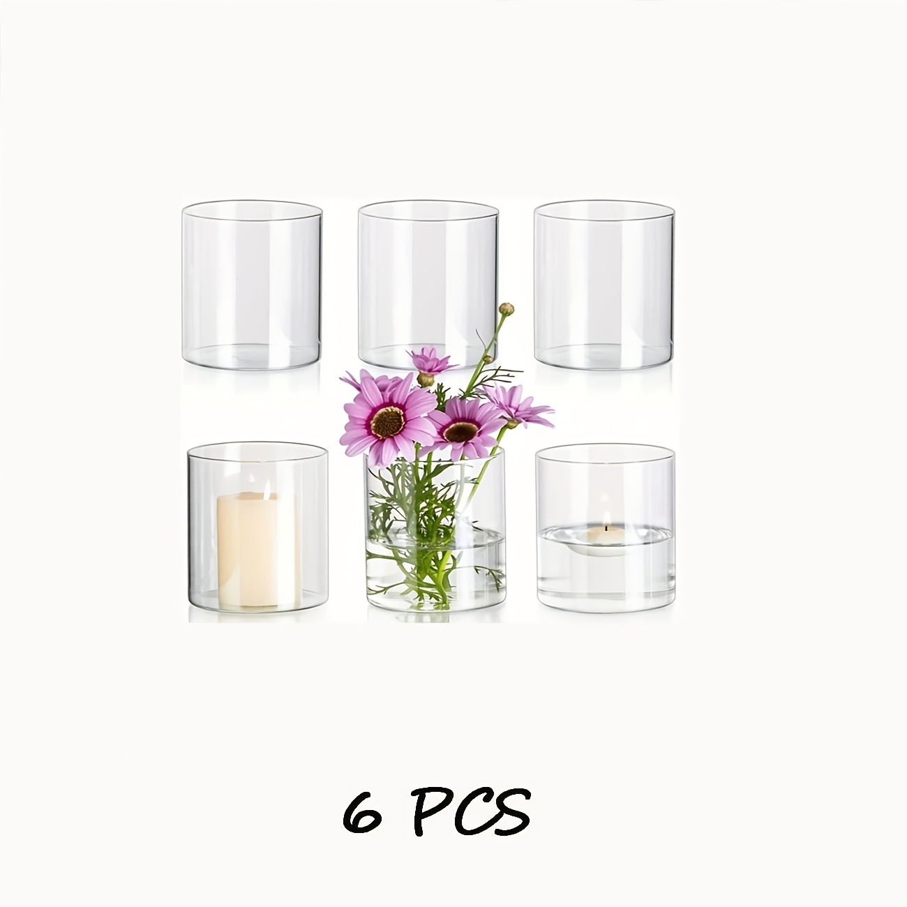 TEMU 6pcs Glass Cylindrical Vase, Suitable For Center Decoration And Wedding Setup. The Glass Candlestick Used Stand. Batch Of Flower Vases, Suitable