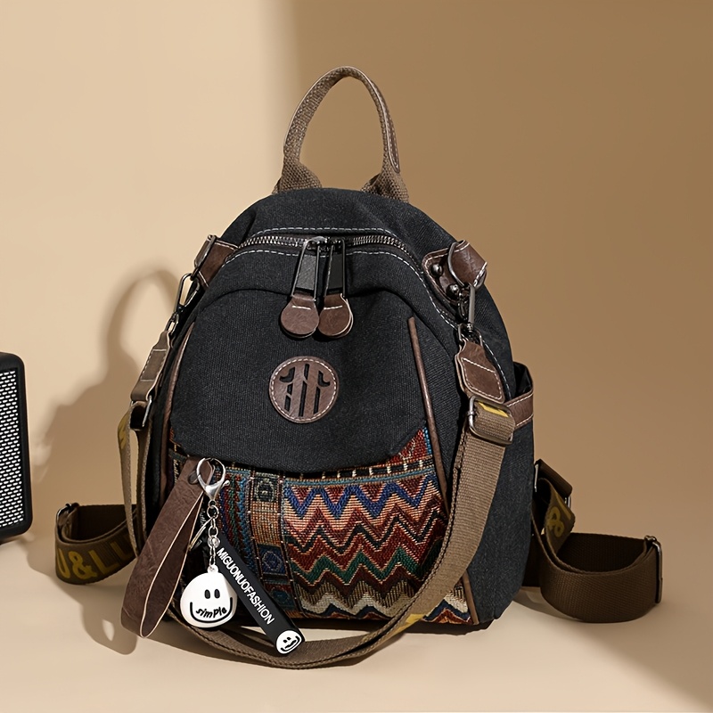 TEMU Fashion Ethnic Style Backpack: With Multicolor Sawtooth Texture, Exquisite Embellishments And Textured Zipper, With Individual Smile Pendant,