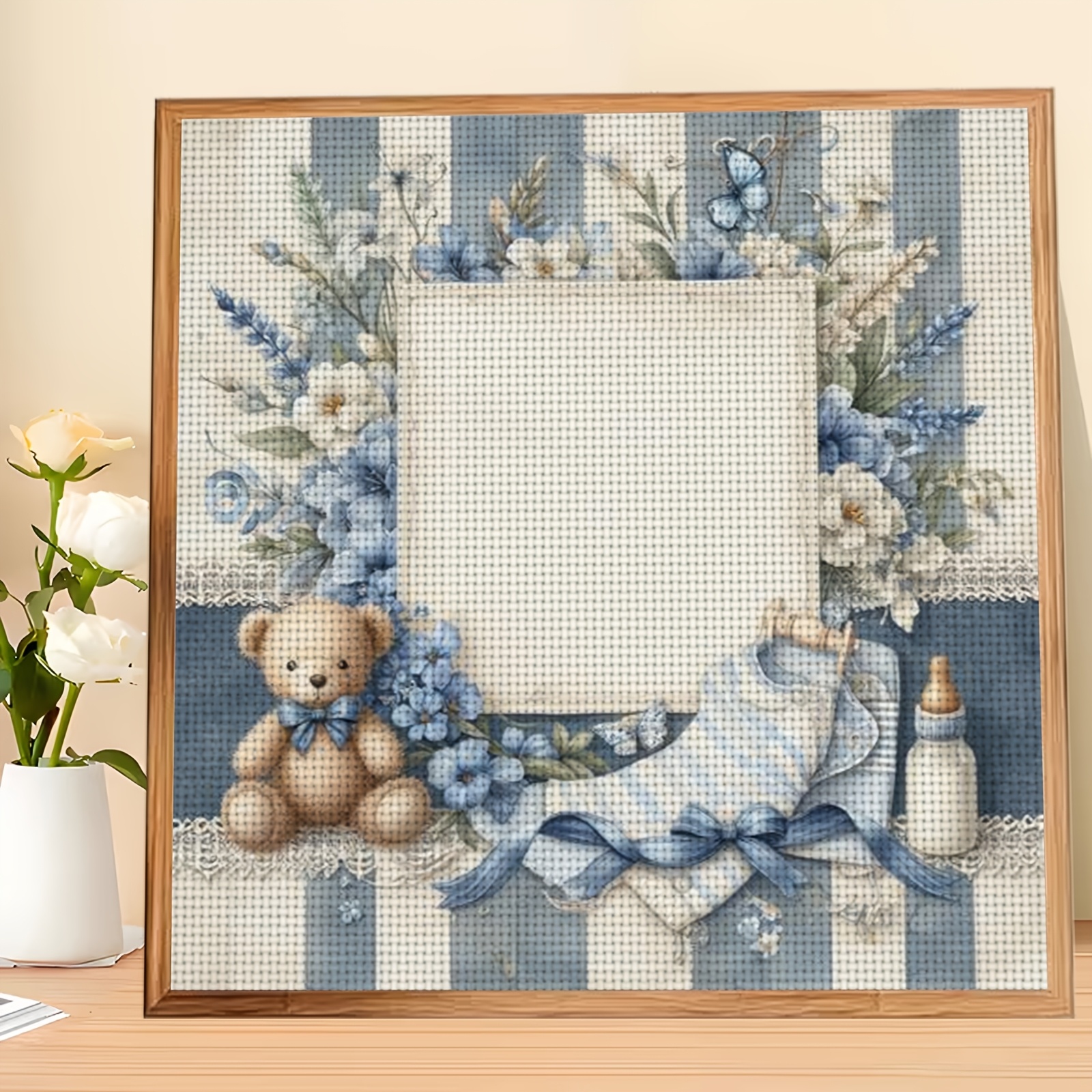TEMU Kit de point de croix 1pc, cadre, motif décoratif bleu et blanc pour bébé, idéal pour les débutants, toile imprimée, aiguille, fil, motif et