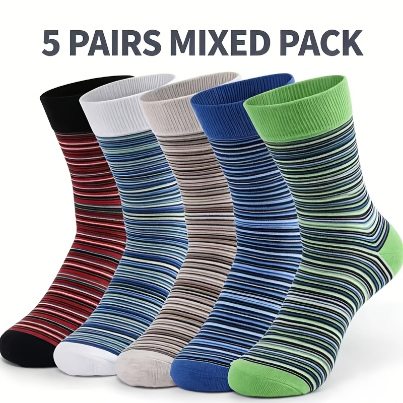 TEMU 5-pair Men's Plus Size Mid-heel Stacked Socks, Japanese Vintage Colorful Striped Thigh-high Socks, Fashionable Soft Casual Inner Socks For Daily