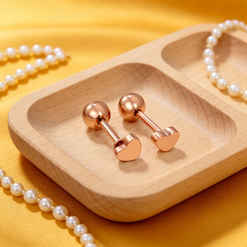 Women's Rose Gold Stainless Steel Heart Threaded Stud Earrings