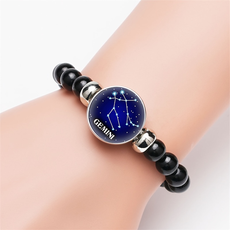 Men's Classic Black Bead & Chain Bracelet, Gemini Constellation