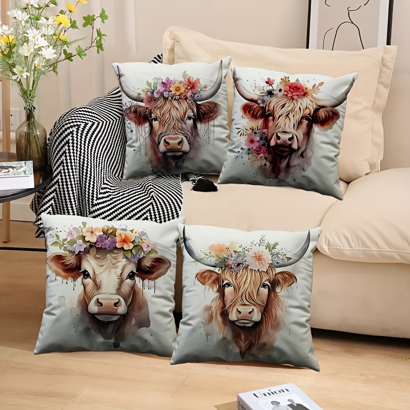 

4-pack Rustic Highland Cow Throw Pillow Covers, Polyester, Zippered, Machine Washable, Decorative Cushion Cases For Home, Sofa, Office, And Car Decor, Soft Velvet, Single-sided Design