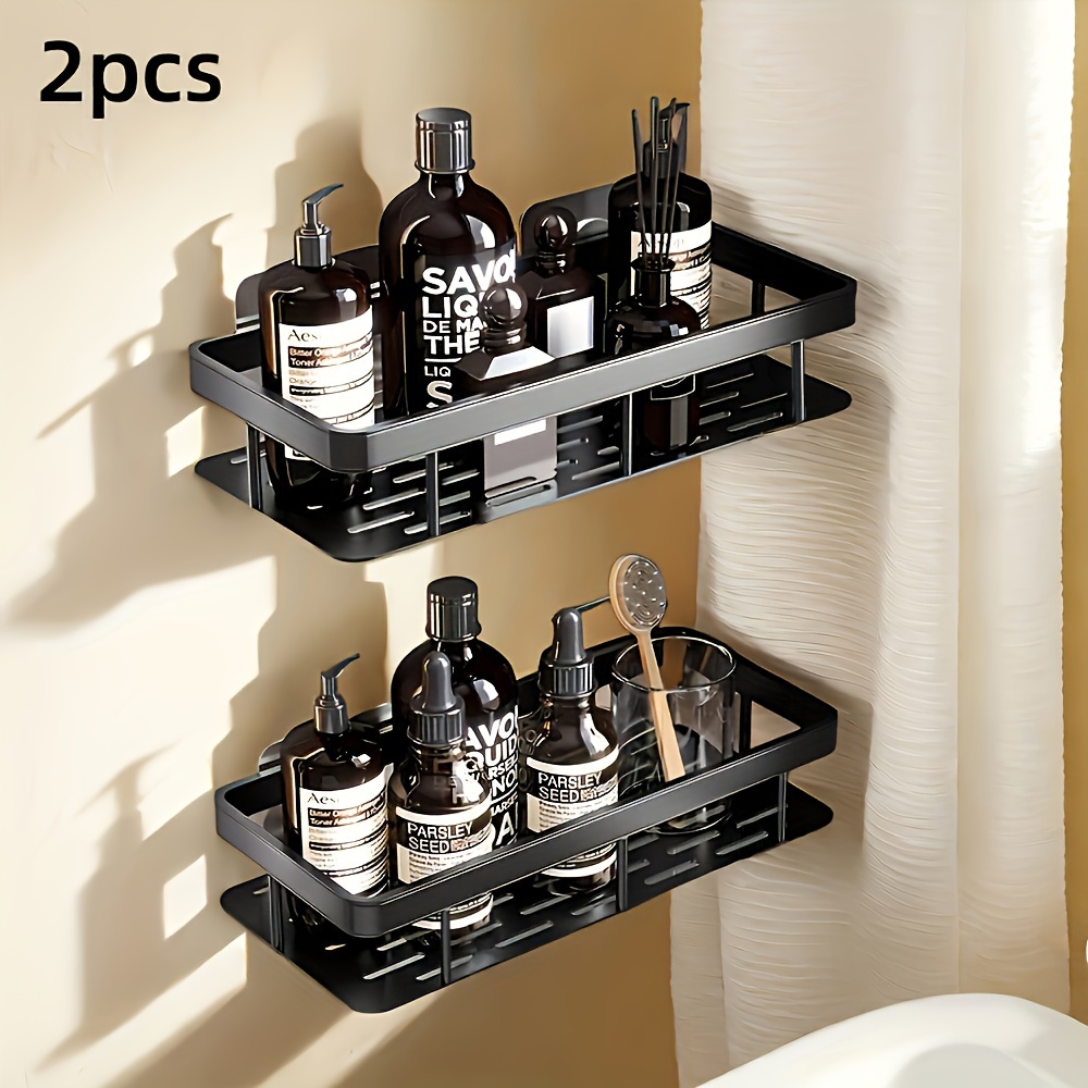 TEMU 2pcs Set, No-drill Wall-mounted Black Metal Shower Caddy - Rust-resistant Polished , Bathroom Organizer For Shampoo & Conditioner Storage, Space-saving Hanging Shelf