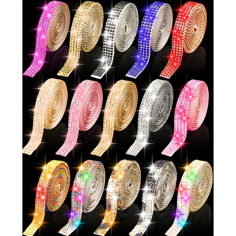 TEMU 15 Roll Self Adhesive Crystal Ribbon Strips Decorative Bling Diamond Glitter Shiny Mixed Color Stickers Tape Roll For Crafts Wedding Party