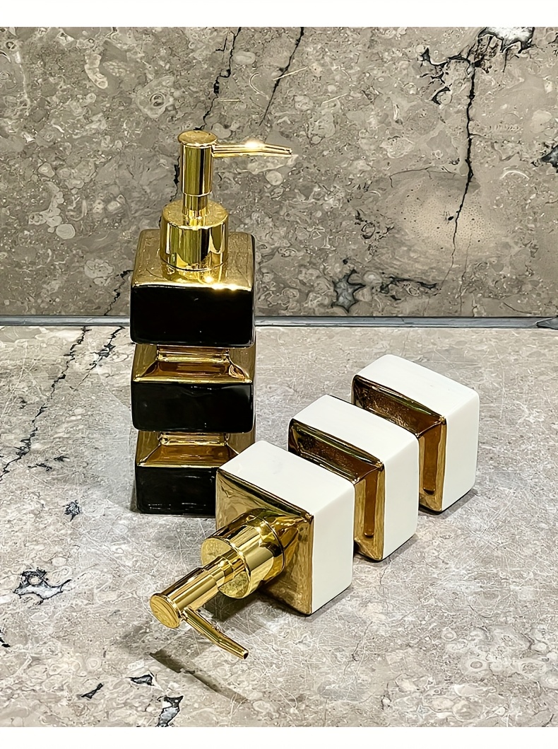Bathroom Organization And Storage Supplies, Creative Unique Ceramic Mirror Black And White Soap Dispenser, Hotel Washstand Liquid Dispensing Bottle, Pump-Type Empty Bottle, Reusable Shampoo, Shower Gel, Square Tower Lotion Bottle
