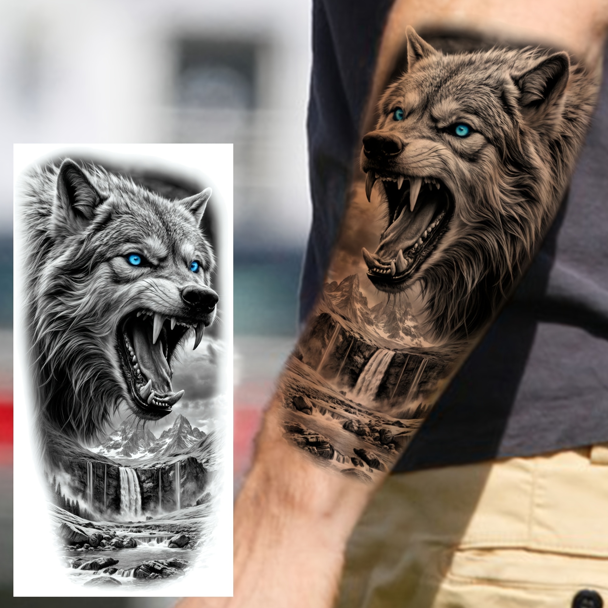 1 Sheet Wolf Mountains Temporary Tattoos For Women Men Adults Half Sleeve Arm Forearm Shank Thigh Legs, Temp Fake Tattoo Long Lasting Waterproof Stickers Realistic