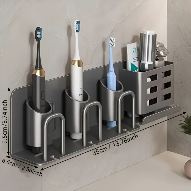 TEMU Wall-mounted Toothbrush Holder| No-drill Installation| With Storage Slots& Cups| Space- Bathroom Organizer For Electric Toothbrushes And Razors|