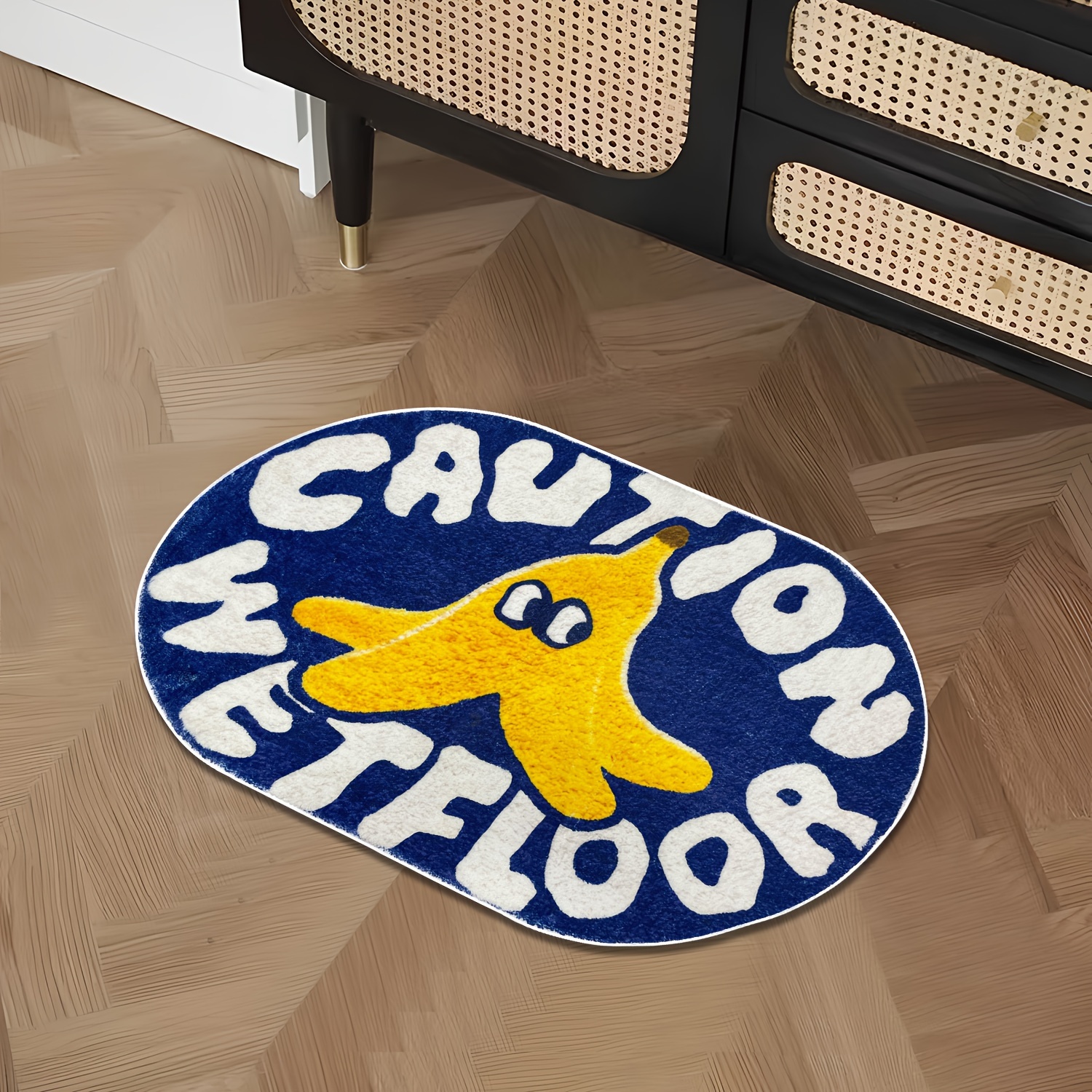 1pc blue cartoon creative caution wet floor carpet soft and comfortable   cashmere material tpr non slip bottom back suitable for bathroom laundry room kitchen washstand creative door mat and other indoor home carpet decoration oval cute   bath rug Product details 5