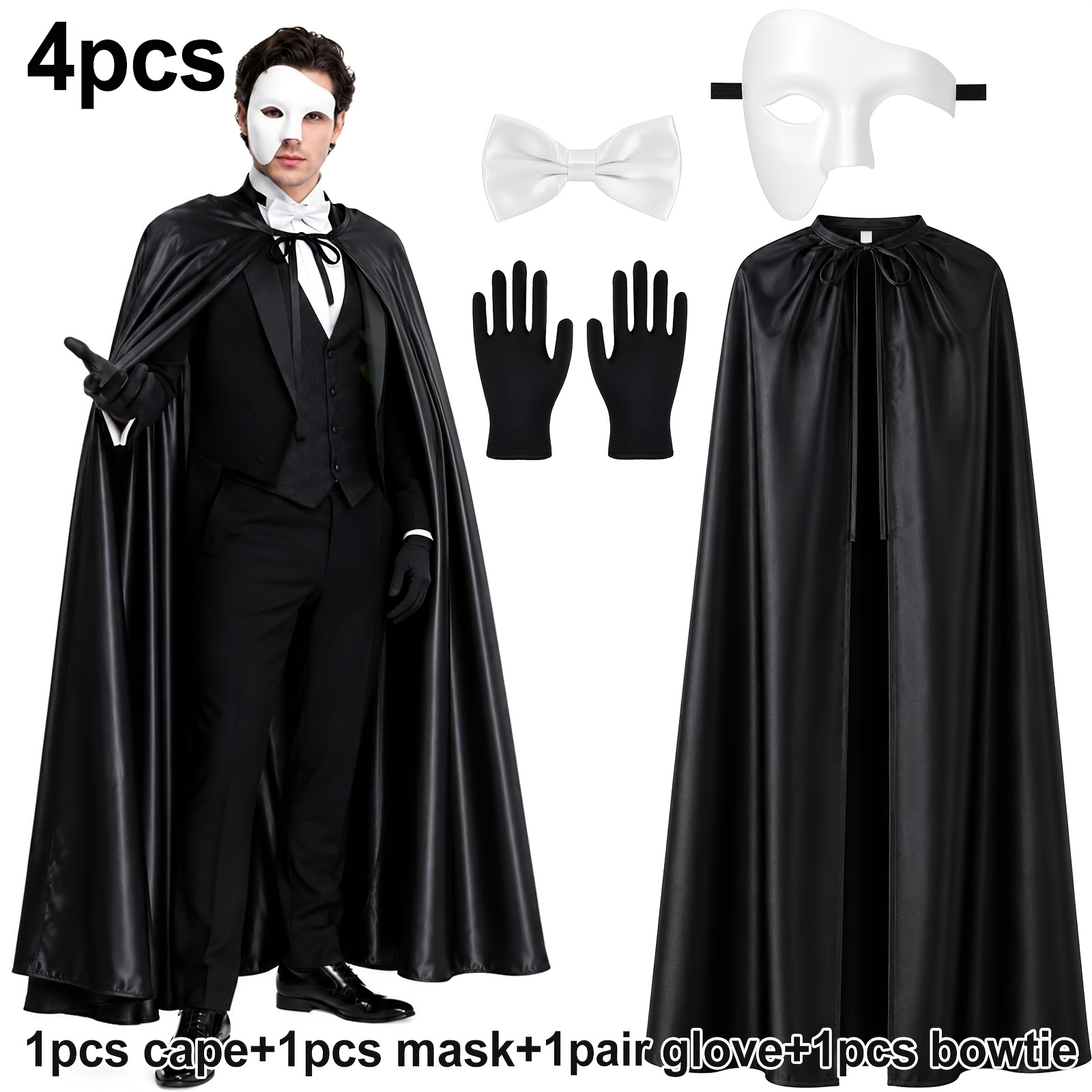 TEMU 4pcs The Opera Costume Accessories Masquerade Mask Cape Gloves Bowtie Black Opera Cosplay Dress Up Set Party Masquerade Party Wear For Halloween