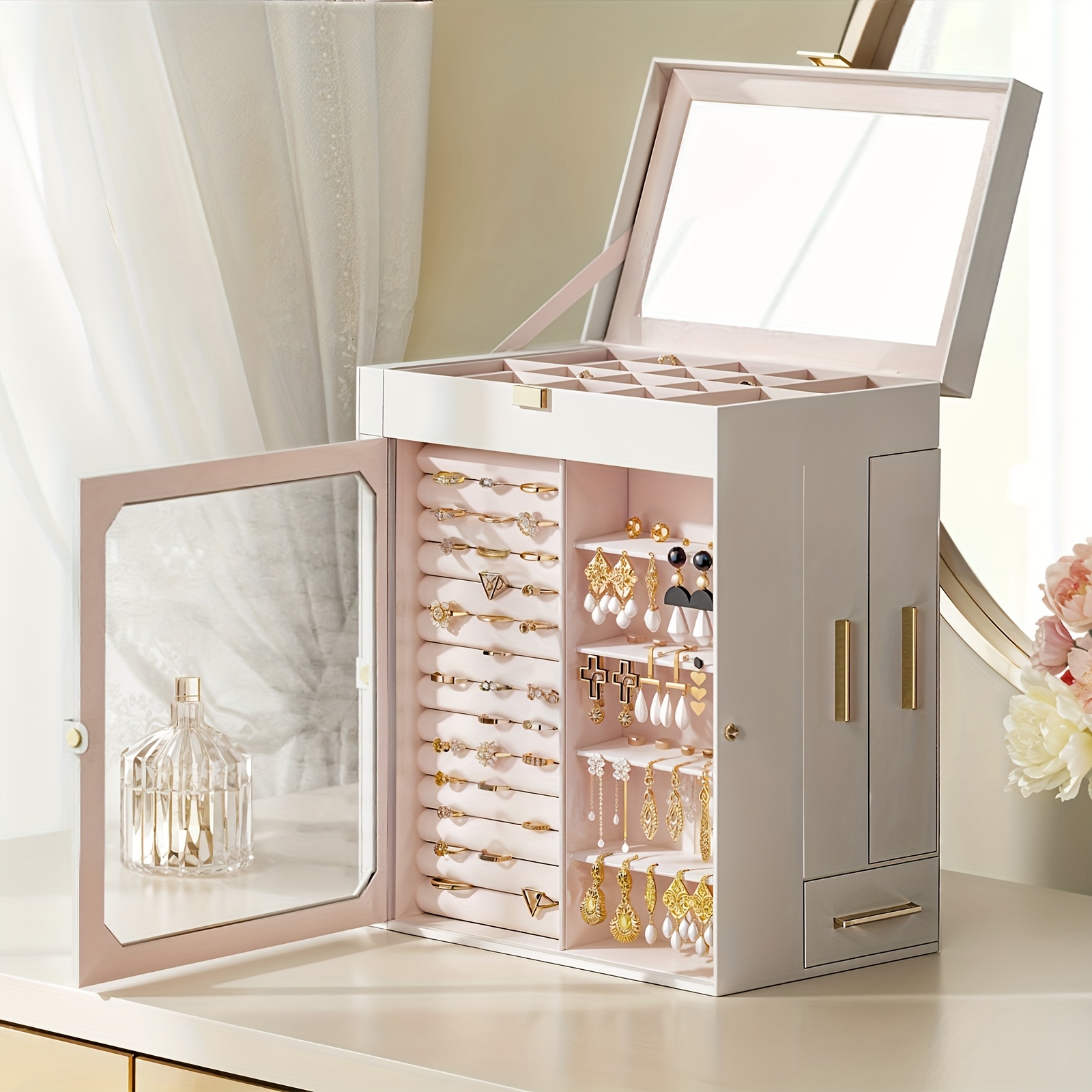 Modern Metal Jewelry Box with Mirror - Large Capacity Organizer for Necklaces, Bracelets, Watches & Earrings, White Decorative Storage Case with Soft Suede Lining, Gift for Her, Home Decor, Elegant Design