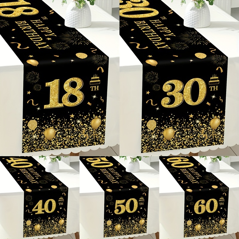 

Birthday Party Table Runner – 1pc Black And Golden Polyester Tablecloth For 18th, 30th, 40th, 50th, 60th Celebrations, Machine Made Festive Decoration Cover For Anniversary And Birthday Occasions