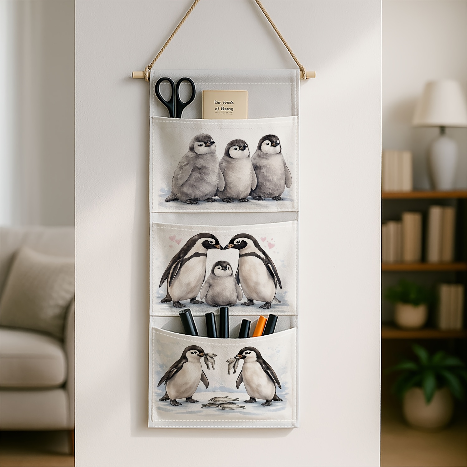 TEMU 1pc Penguin-themed Wall-mounted Storage Bag - Multi-tier Hanging With Hanging Shelf, Fabric Hanging Cabinet Suitable For Living Room, Bedroom,