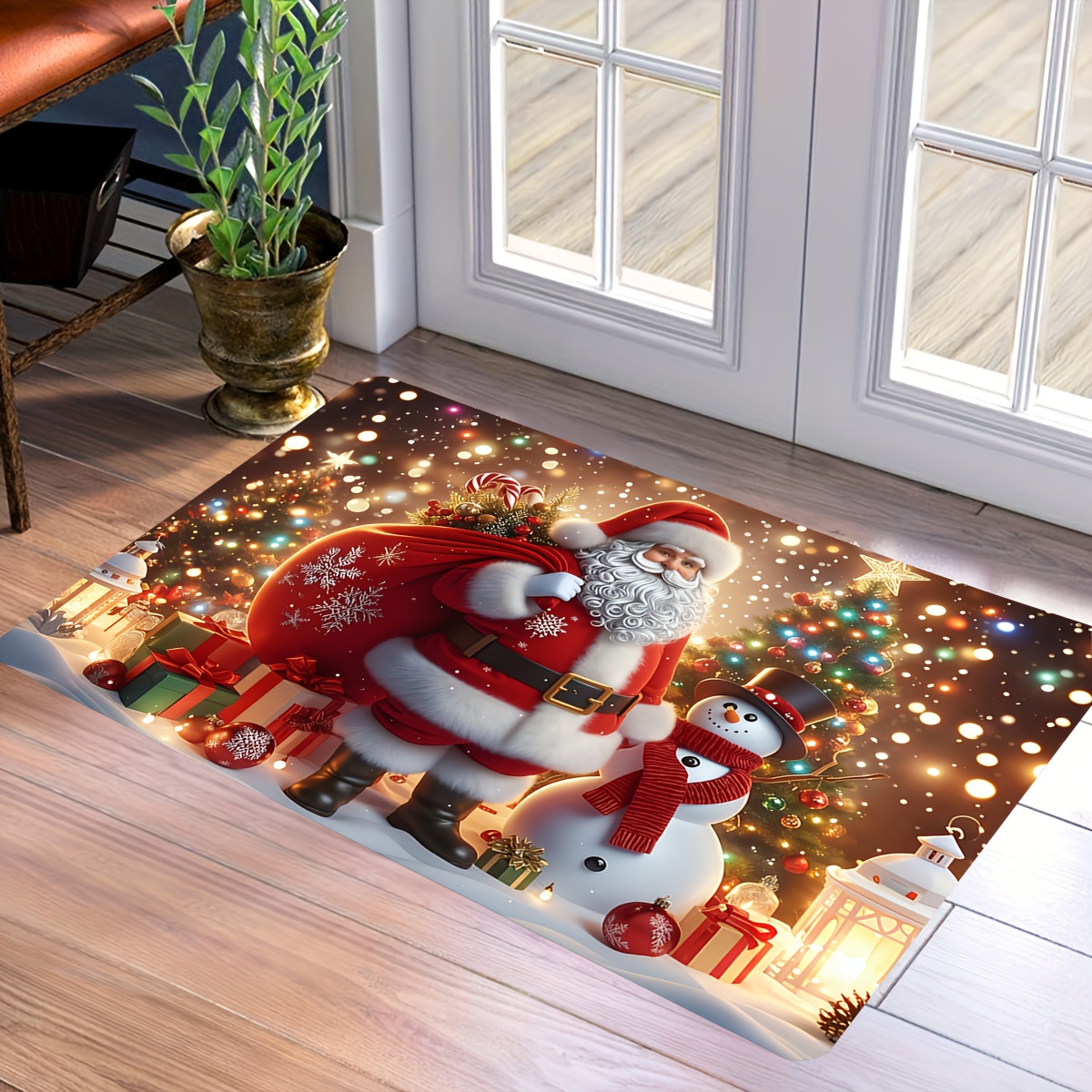 TEMU 1pc Santa Claus, Snowman, And Christmas Tree Pattern Printing Floor Mat For Home Entrance, Home Christmas Atmosphere Decoration Mat, Christmas