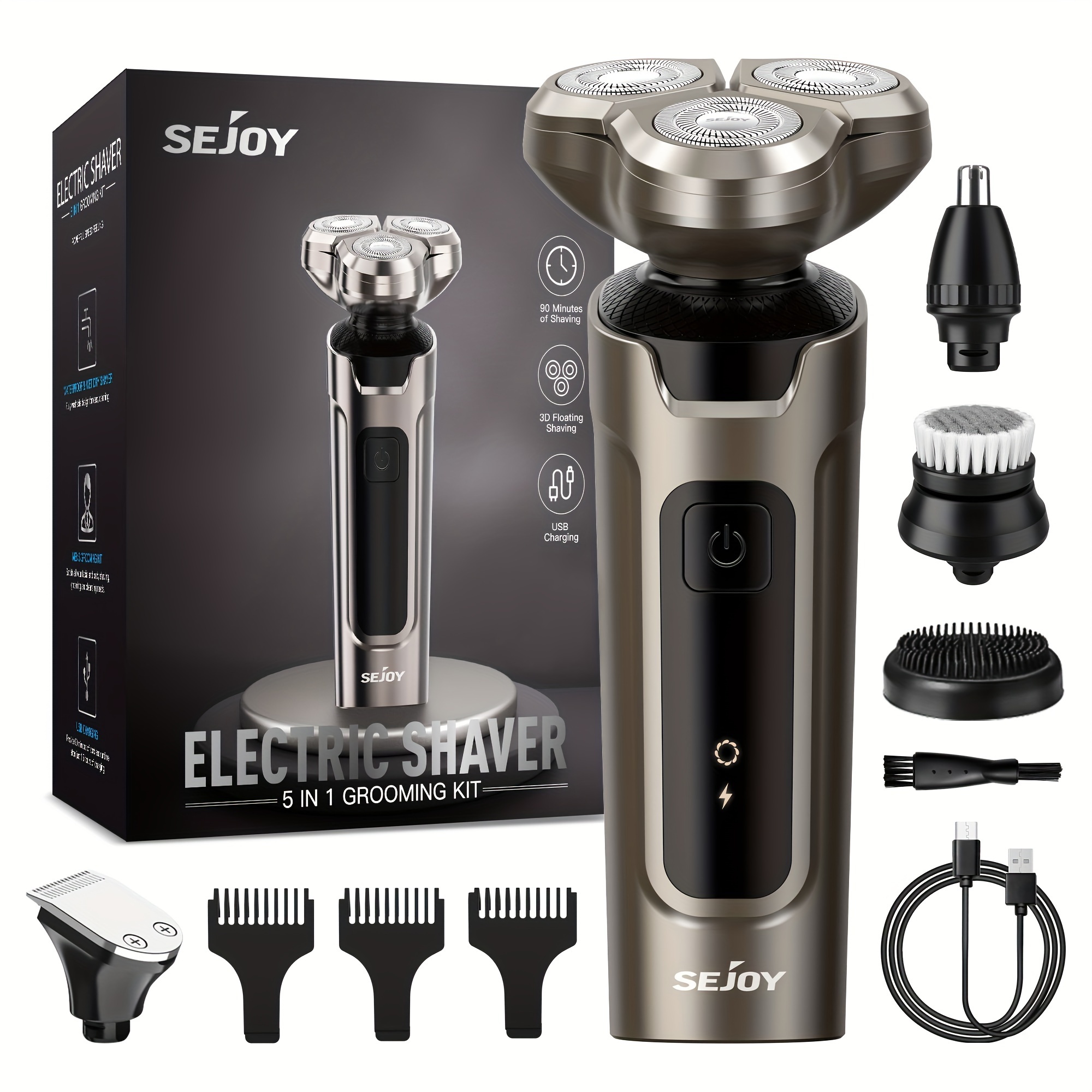 

Sejoy Men's Electric Shaver, 5 In 1 Rotary Razor Trimmer, Cordless Rechargeable Grooming Kit, Coffee