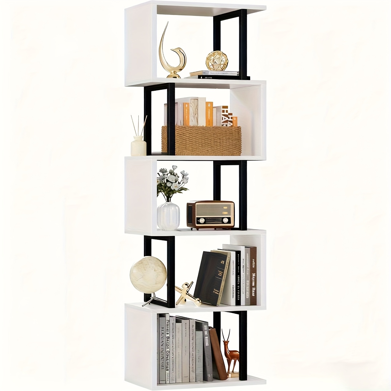 6-Tier Tall Bookshelf, Lofty Geometric Book Cabinet, S-Shaped Industrial-Style Display Freestanding Bookshelf, Metal And Wood Decorative Storage Partition Rack, Suitable for Bedroom, Living Room, Office, Black/White