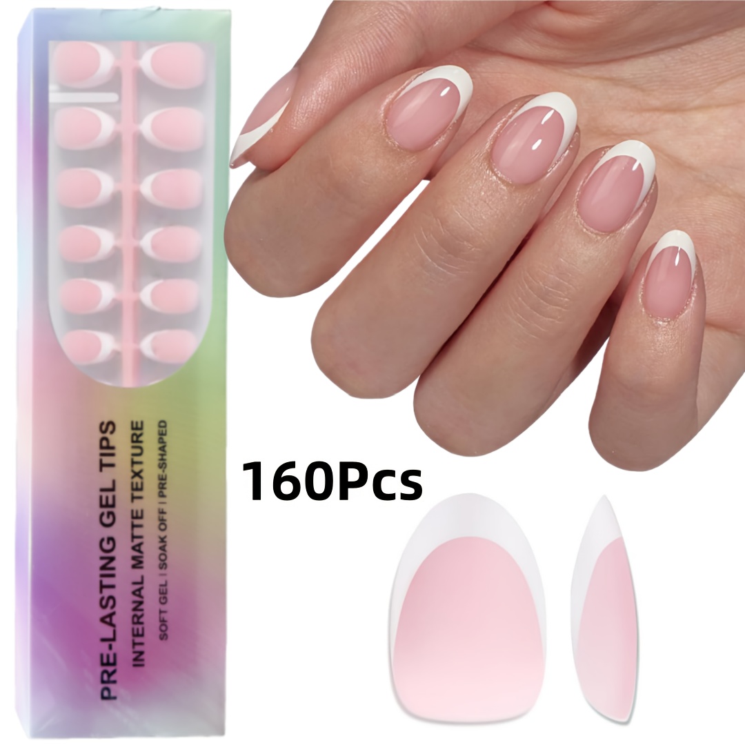 TEMU 160pcs Short Oval French Tip Press-on Nails, Pink, Brown, White French Tip Soft Gel Nail Tips, Fake Nails Set, Used As False Nails For, Easy And
